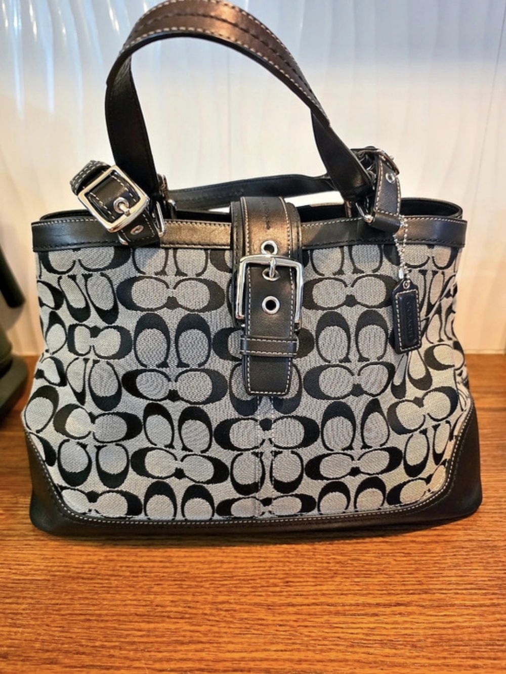 COACH Hamptons Signature Large Carryall Tote Bag Black Leather F12643